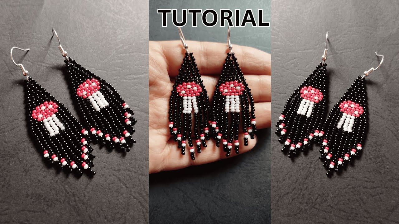 DIY how to make beaded mushroom earrings, halloween beaded earrings mushroom tutorial