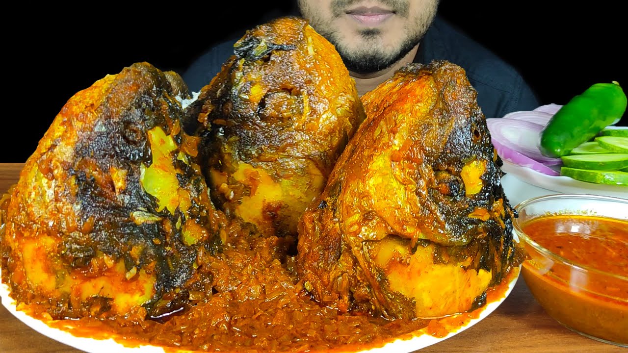 EATING 3 BIG FISH HEAD CURRY WITH RICE, CHILI,ONION & CUCUMBER | MUKBANG EATING SHOW | EATING SOUNDS