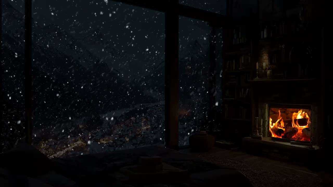 Warm Fireplace & Soft Piano Relaxing Holiday Ambience with Snowfall
