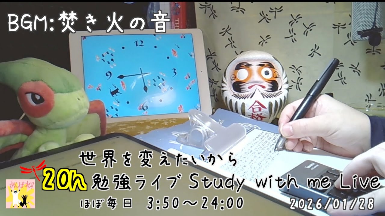 世界を変えたいから勉強ライブ 25分＋5分ポモドーロタイマー＋20h  Study with me  3:50〜24:00 焚き火の音と筆記具と生活の音で宅浪と一緒に勉強 26/01/28