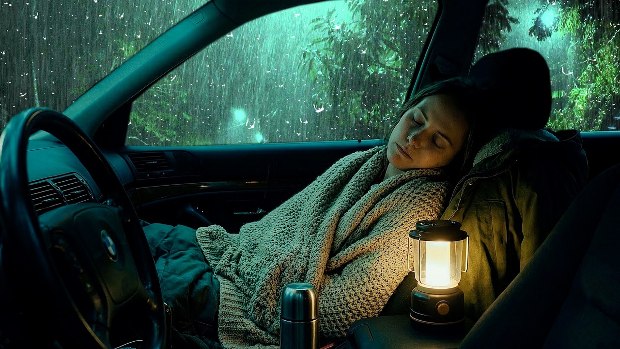 Deep Sleep in Cozy Car with Heavy Rainstorm & Powerful Thunder Covering the Rainforest Park at Night