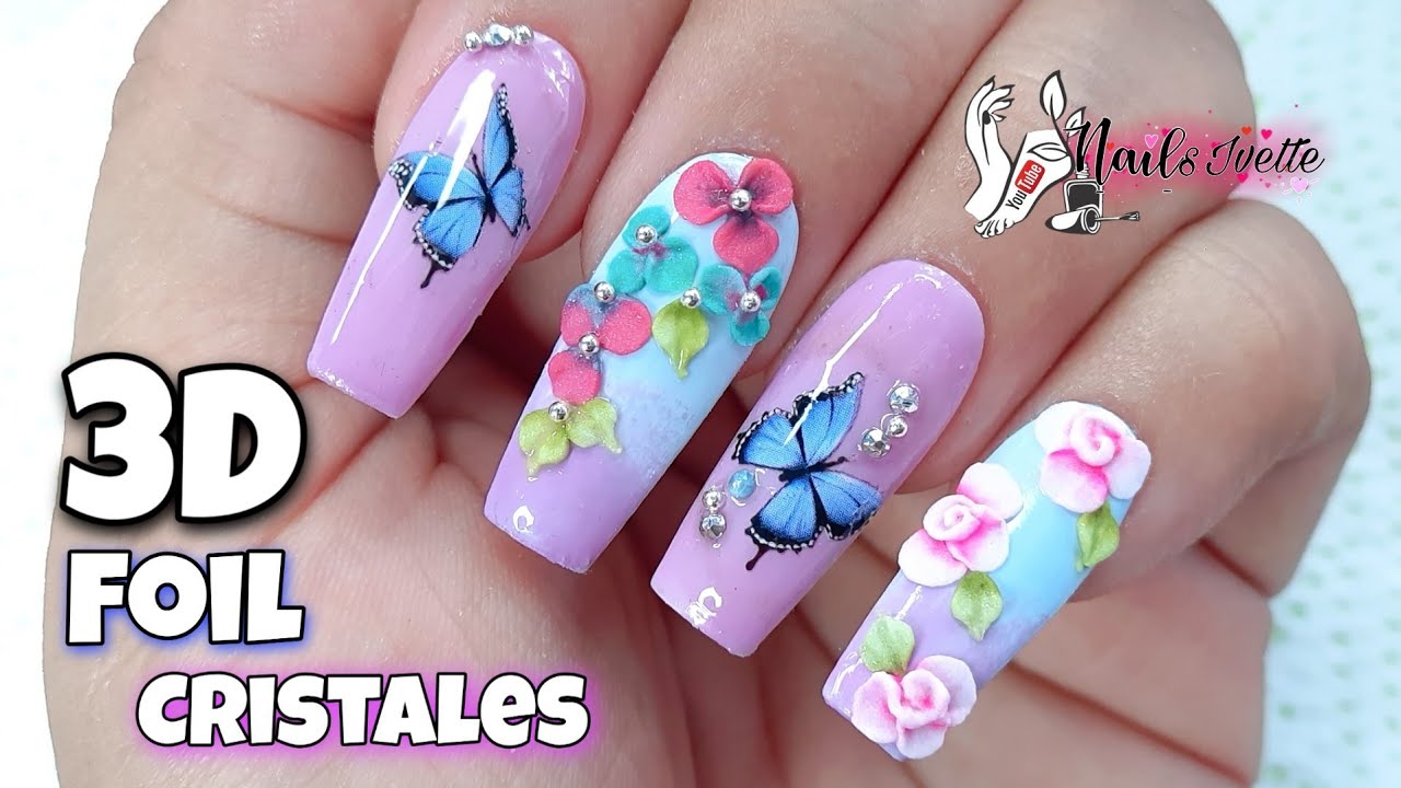 Diseño de uñas 3D con foil y cristales / Uñas de salón / Uñas decoradas con 3D / Decoración de uñas