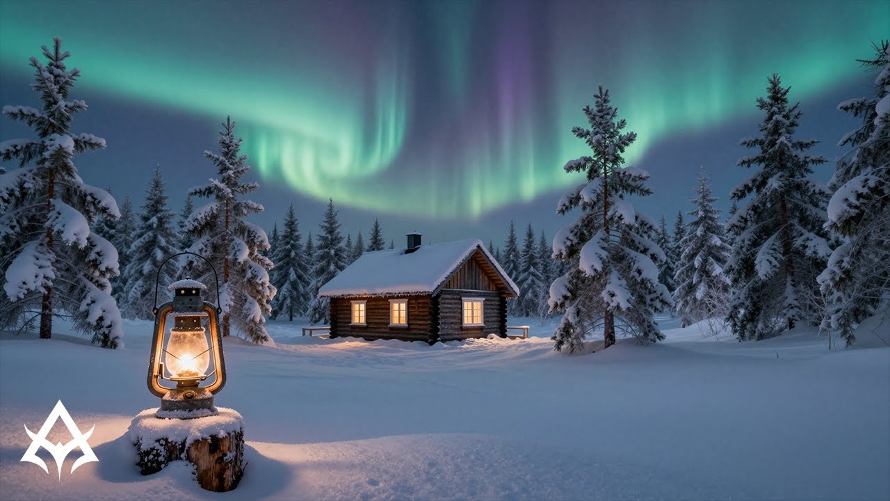 Aurora Borealis Forest Cabin | Calm Winter Ambient Music for Relaxation