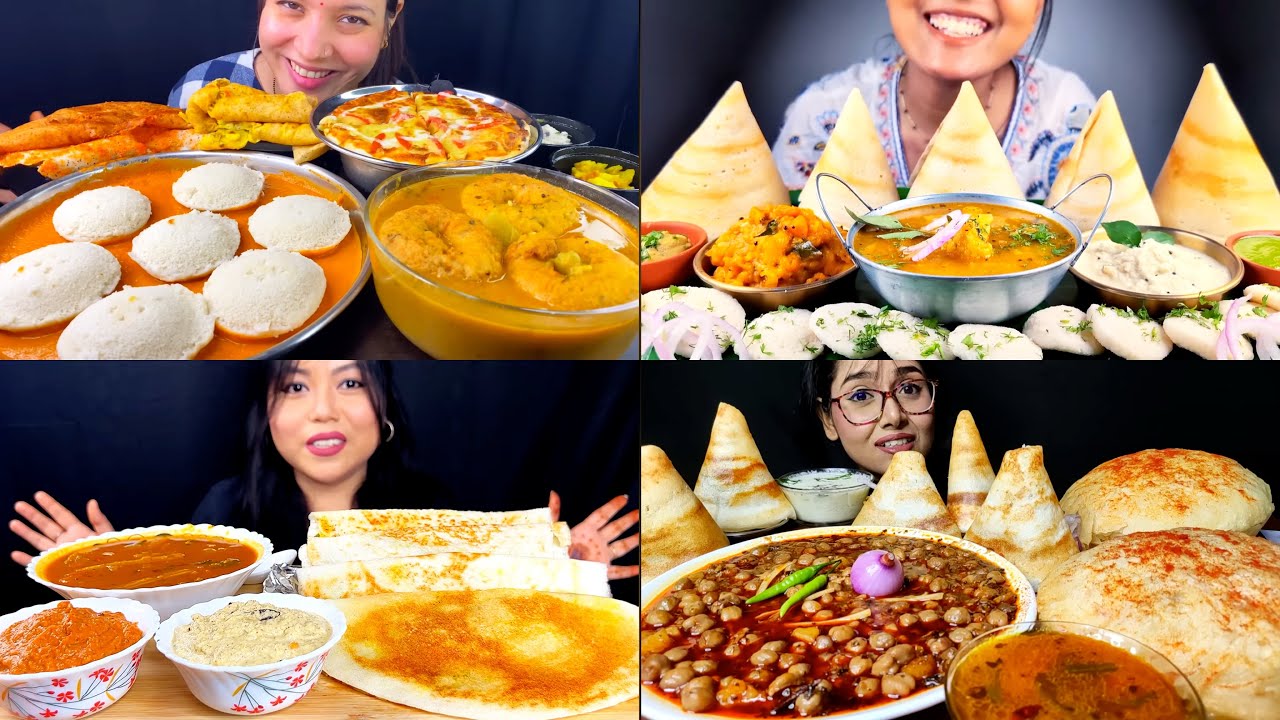 Asmr:Eating Spicy Masala Dosa,Chole Bhature,Idli Sambar,Medu Vada,Uppam🔥*South Indian Dishes mukbang