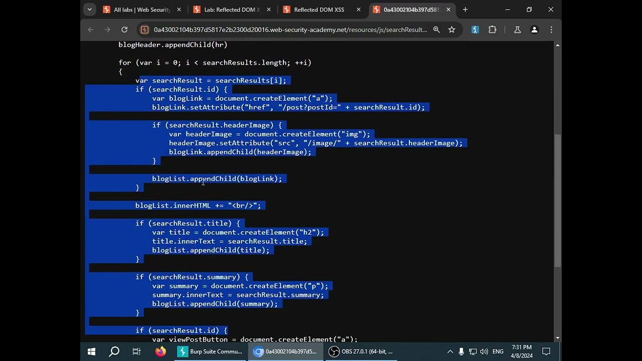 DOM XSS - part 3 - advanced lab reflected DOM XSS