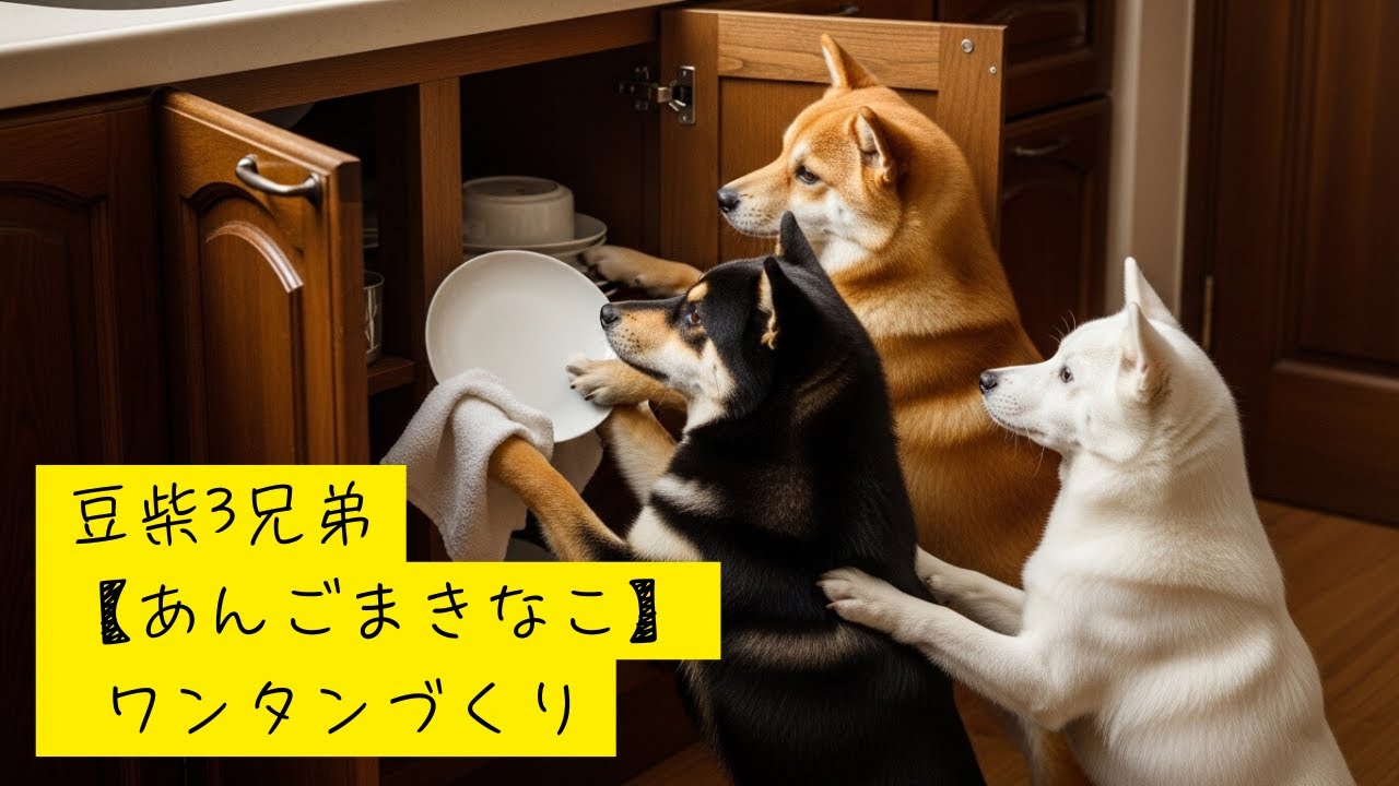 豆柴3兄弟【あんごまきなこ】ワンタンづくり・Shibainu Trio's Making Wontons