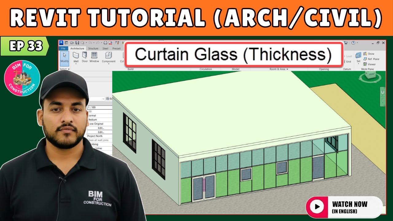 #33 Revit Architecture: How to change THICKNESS of Curtain Glass in Revit