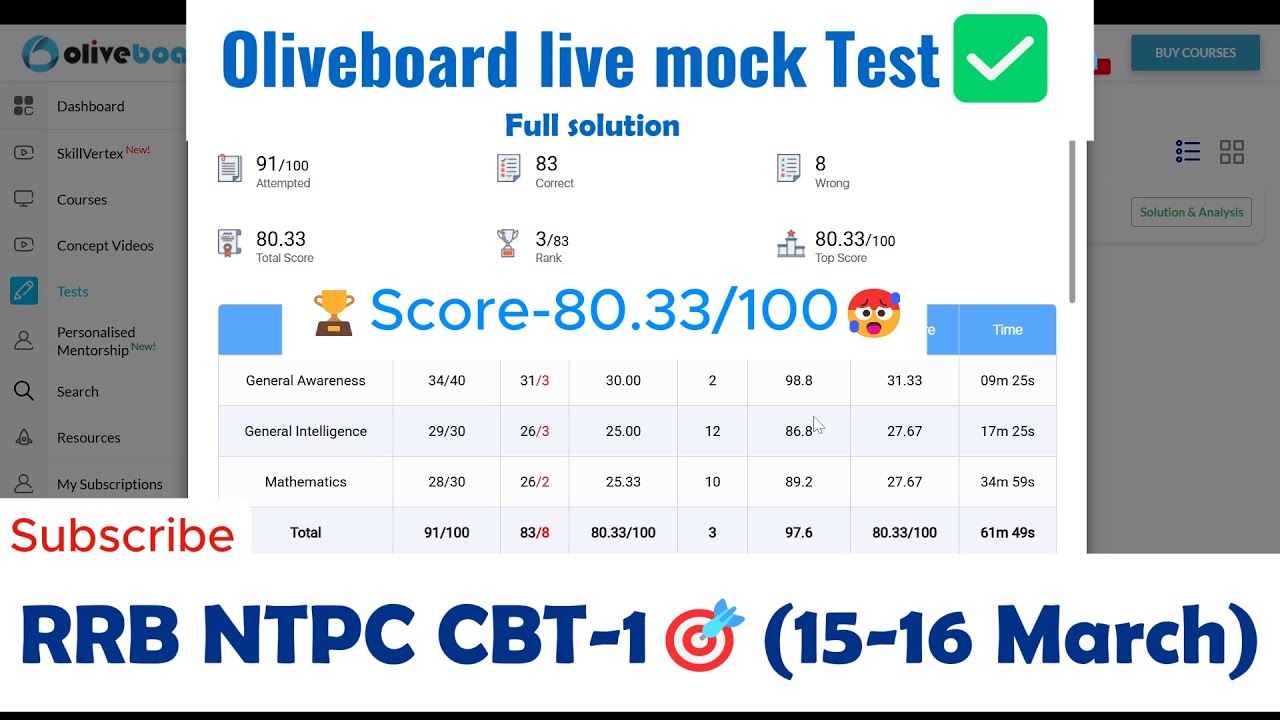 OLIVEBOARD LIVE MOCK TEST✅(15-16 MARCH)🥵|RRB NTPC CBT-1🎯( full solution)|marks-80/100🔥🏆