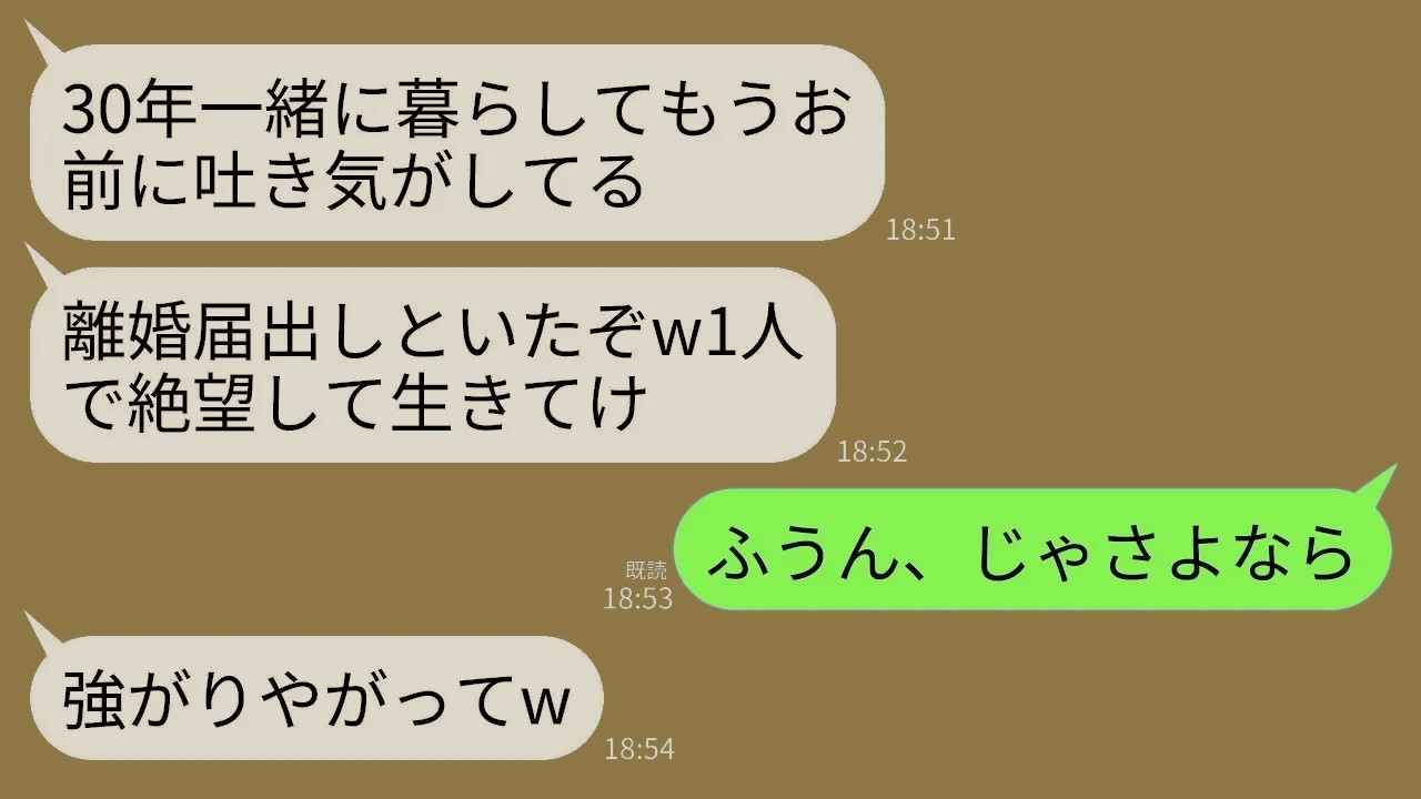 【LINE】結婚30年目に絶縁宣言する夫「お前の全てが大嫌いw離婚届出しといたからこれで俺は自由」私「あら、そう」→黙って家を出ていくと翌日、夫から300件の着信がwww