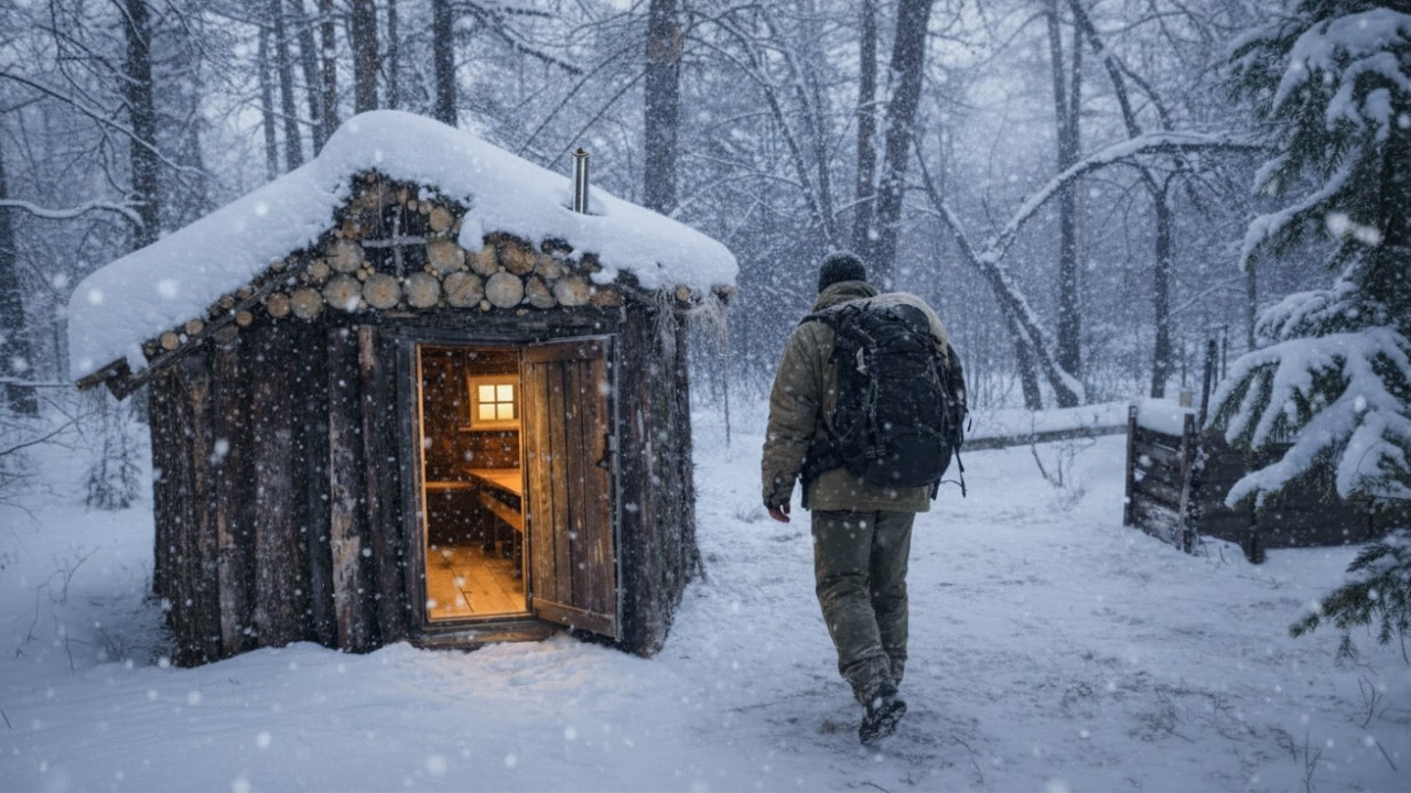 Alone in a Quiet Log Cabin in the Winter Forest | Winter Night Survival