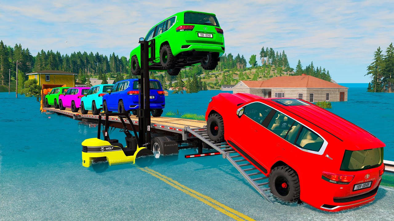 Triple Flatbed Trailer McQueen Transportation with Truck - Speedbumps vs Cars vs Train - BeamNG #263