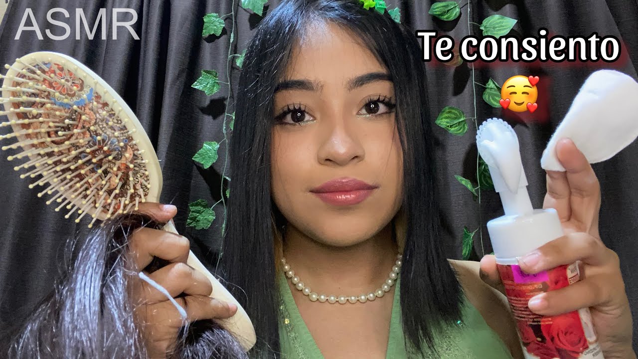 ASMR cepillo tu cabello y limpio tu carita antes de dormir 😴💕