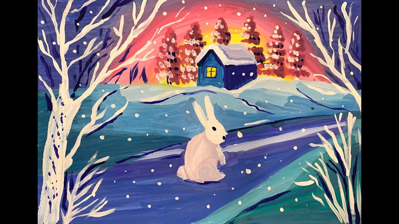 Малюємо зимовий пейзаж фарбами гуаш