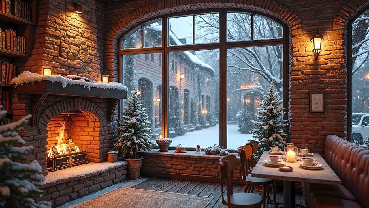 Winter Coffee Shop Ambience with Smooth Jazz Piano and Fireplace Sounds