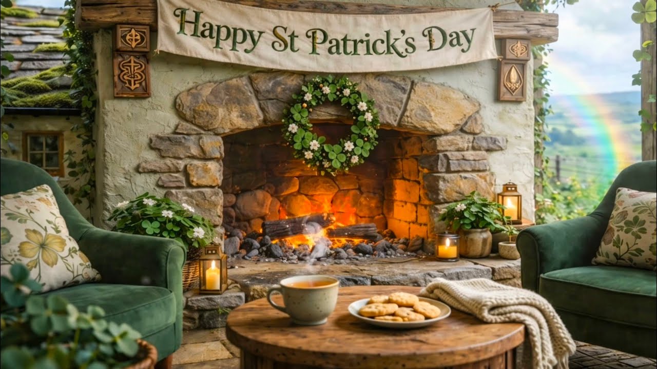 Cozy Irish Countryside Porch Fireplace 🍀 St. Patrick’s Day Ambience | Nature Sounds Screensaver