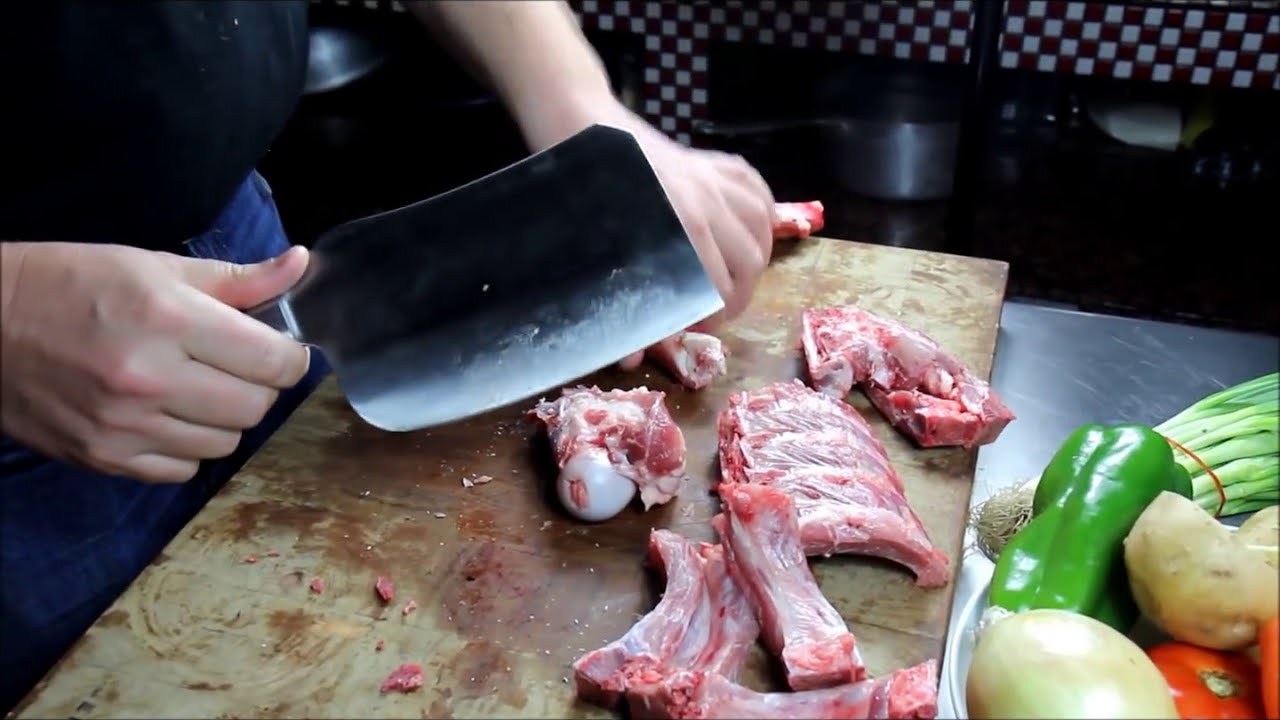 D-5 & D-12 Maestro Wu Bombshell Steel Meat Cleavers Pork Chopping Demo - Jende Industries