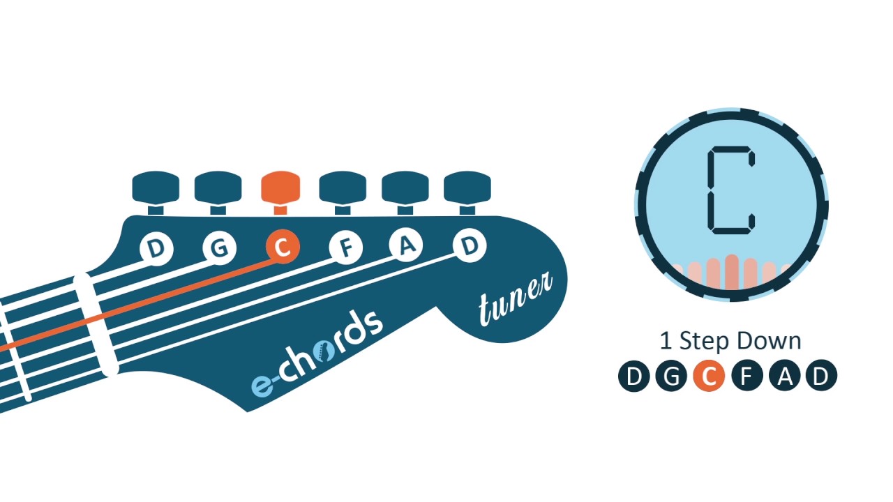 E-Chords Guitar Tuner - One Step Down Tuning - D G C F A D