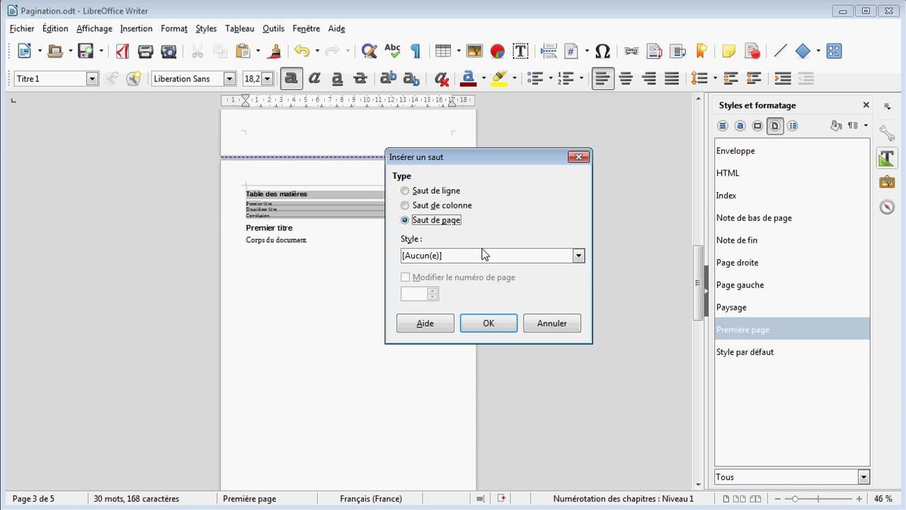 LibreOffice Writer - Comment paginer un document sans numéroter les premières pages