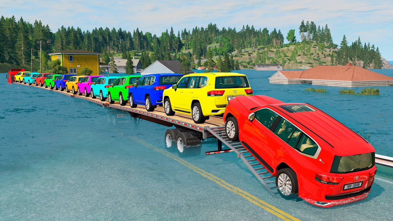 Five Flatbed Trailer McQueen Transportation with Truck - Speedbumps vs Cars vs Train - BeamNG #264