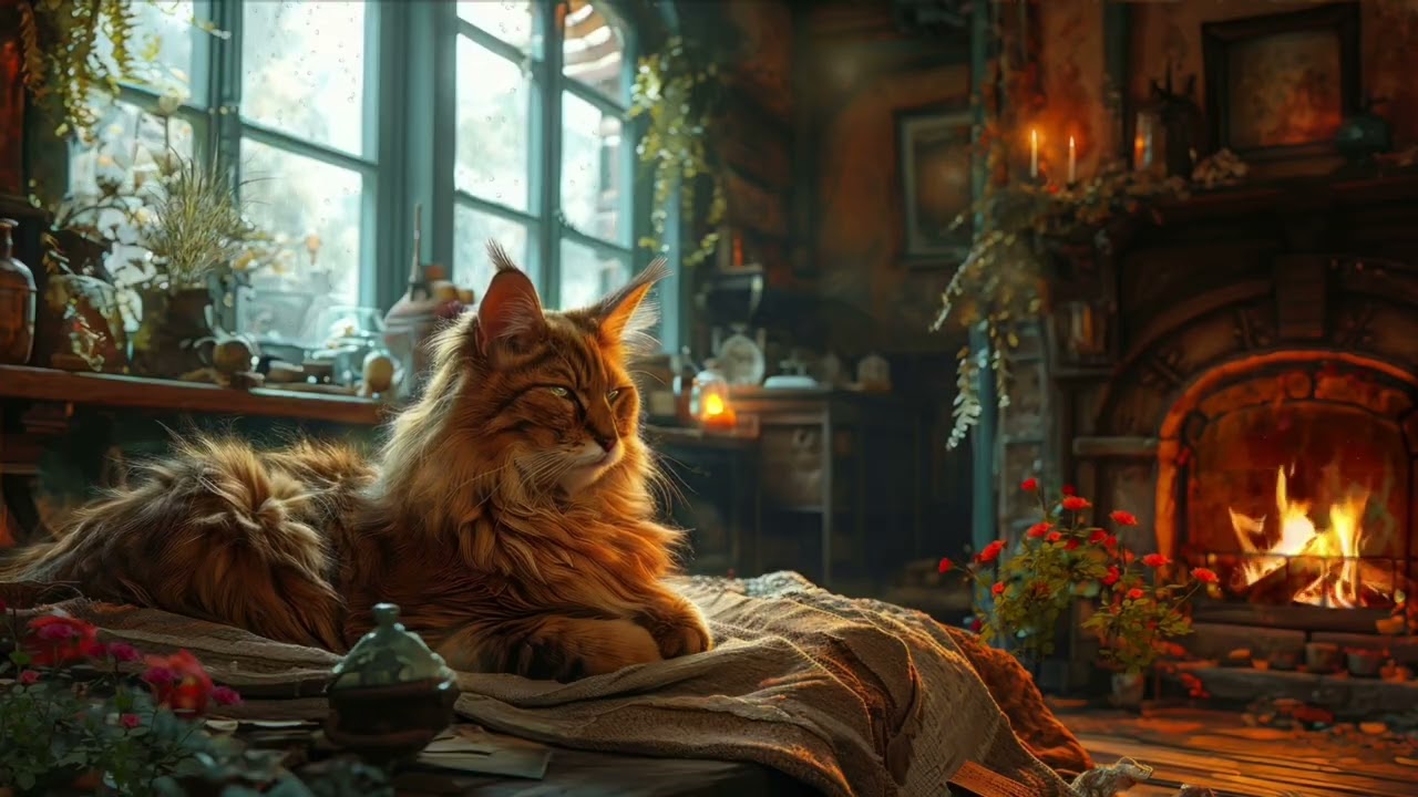 3h Feu de chemin&eacute;e 4K avec un chat. Musique jazzy romantique. Relaxation calme #meditation 