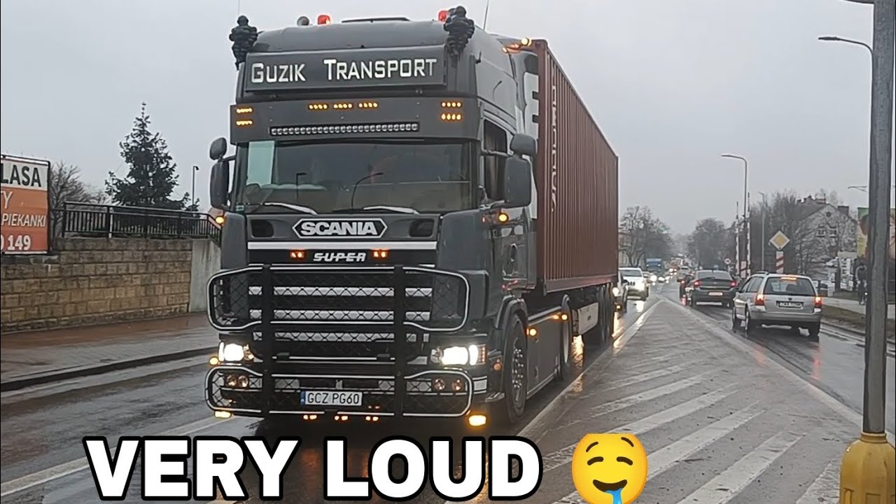 Scania 164L 620 V8 Guzik Transport, Open pipe, VERY LOUD, Train Horn / Wałcz