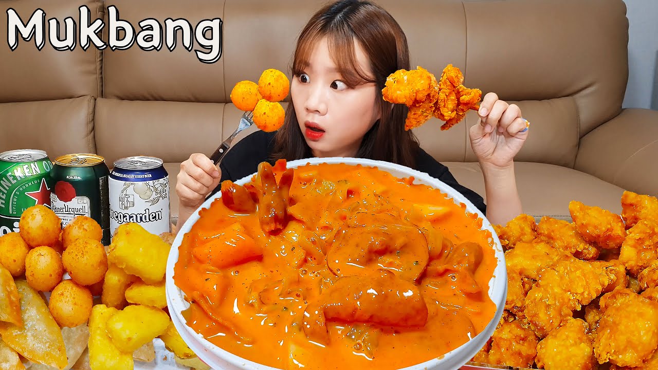 Sub)Real Mukbang-Розовый соус Ттокбокки, куриные и сырные шарики, пельмени, жареное молоко и пиво🍻