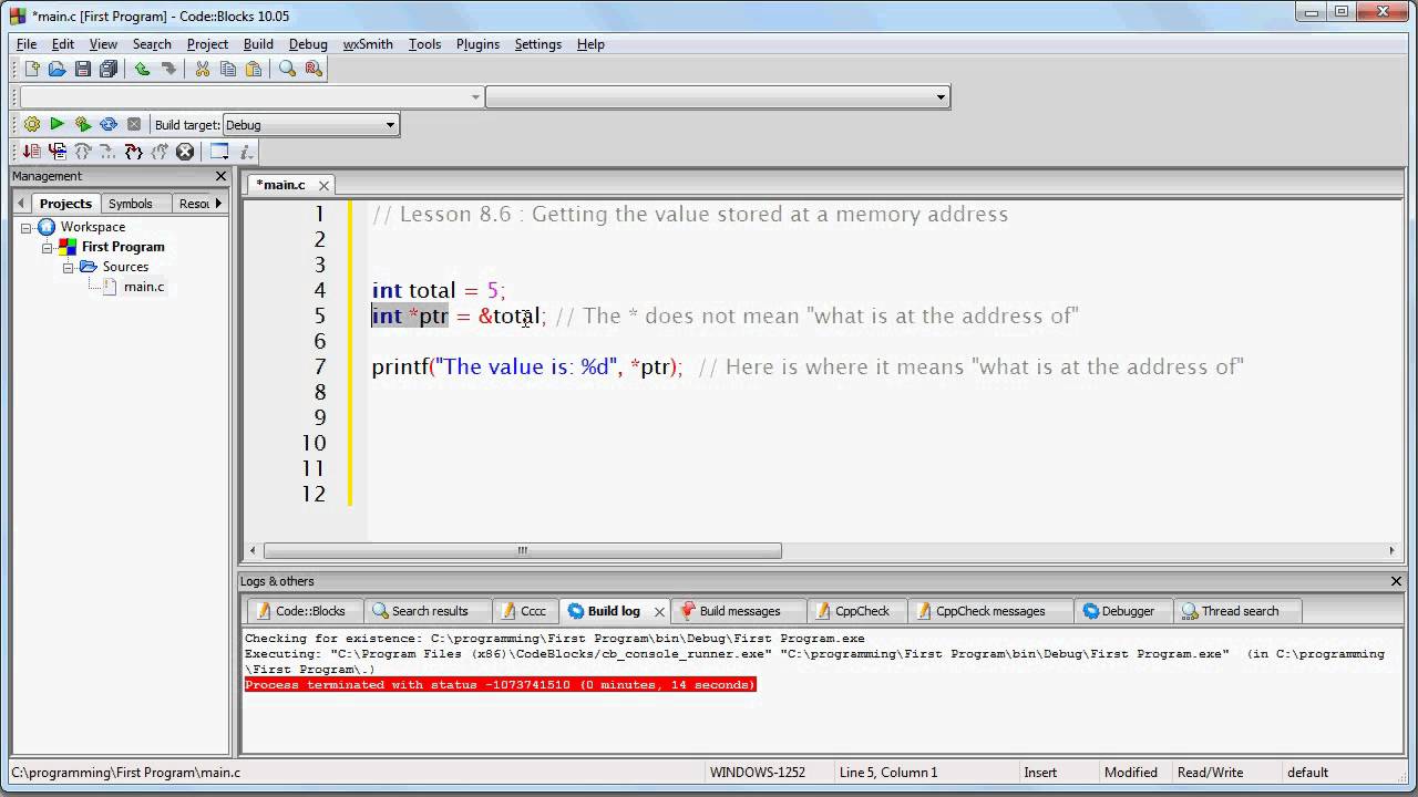 Lesson 8.6 : Getting the value stored at a memory address using a pointer