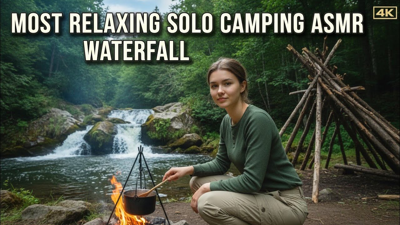 Most Relaxing Solo Camping ASMR Waterfall – Shelter Build + Campfire Cooking