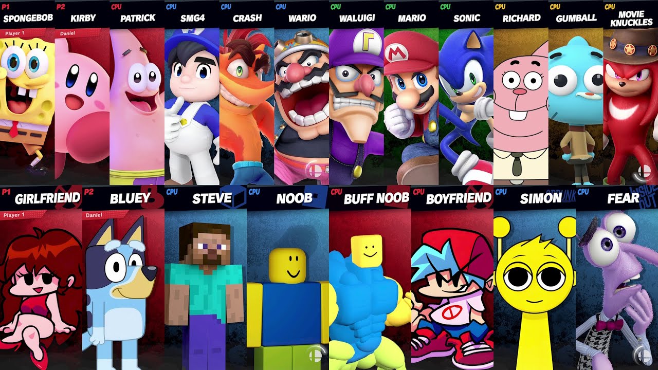 NEW Sonic vs Mario vs Roblox vs Minecraft vs Bluey vs SpongeBob vs Crash vs Steve | Super Smash Bros