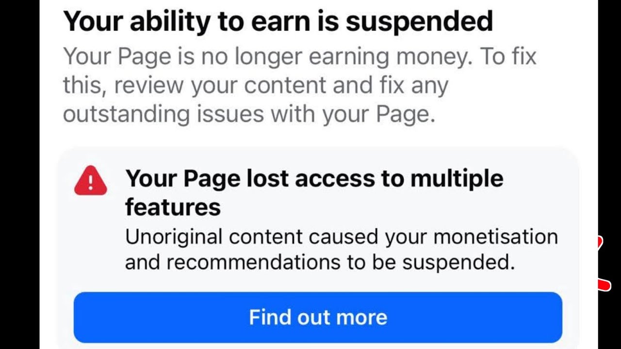 Facebook Your Page lost access to multiple features | Unoriginal content caused your monetisation