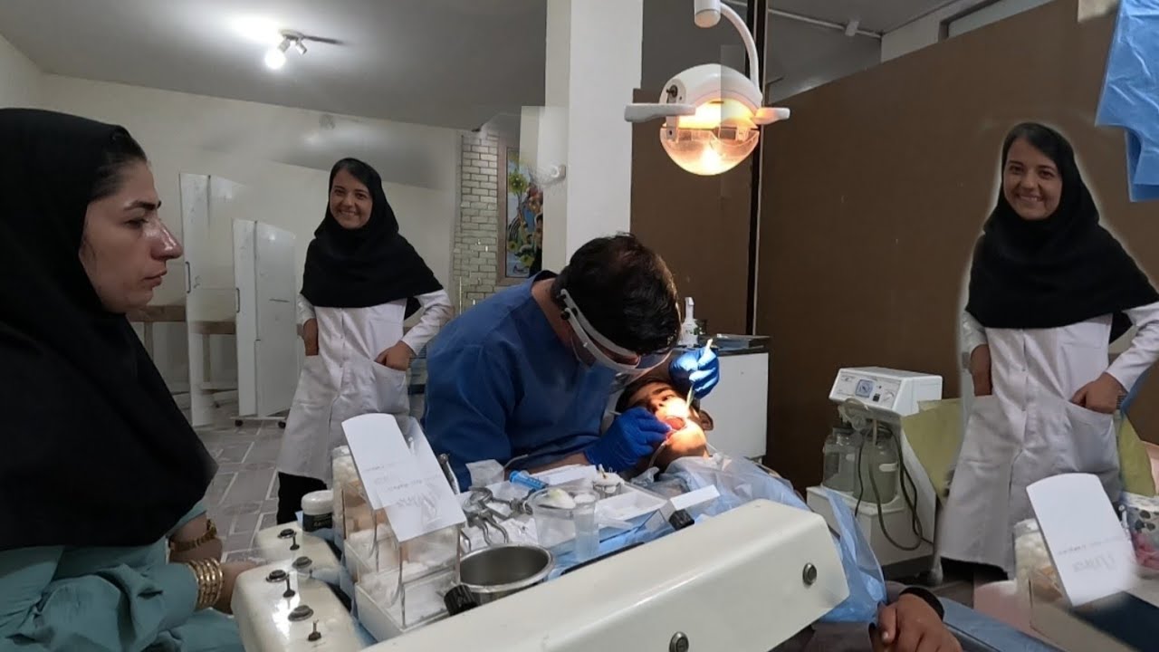 Young nomads having toothache in the mountains and going to the dentist's office