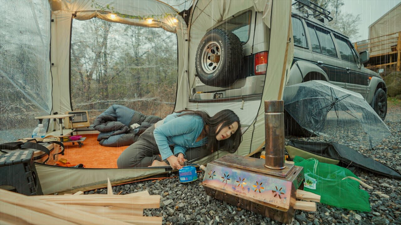 비오는 날 천장까지 뻥 뚫린 원터치 텐트 도킹 차박 | 베이컨말이 치즈 퐁듀, 양념갈비 | 포천 지투캠핑장