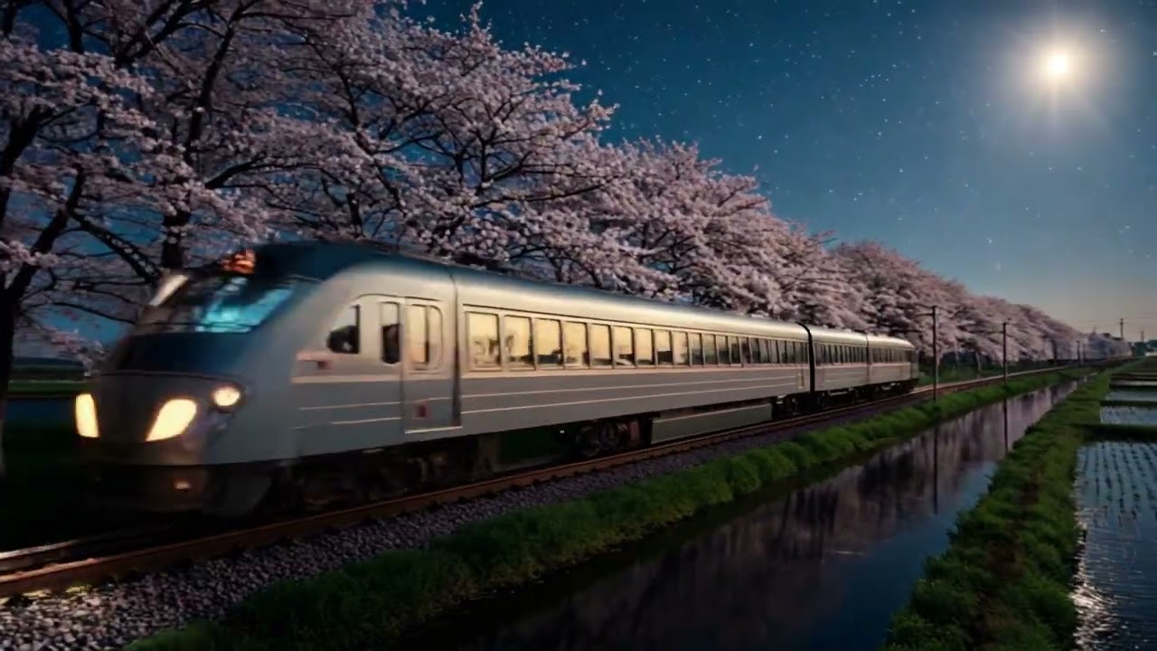 Magical Midnight Train Journey Through Glowing Cherry Blossoms