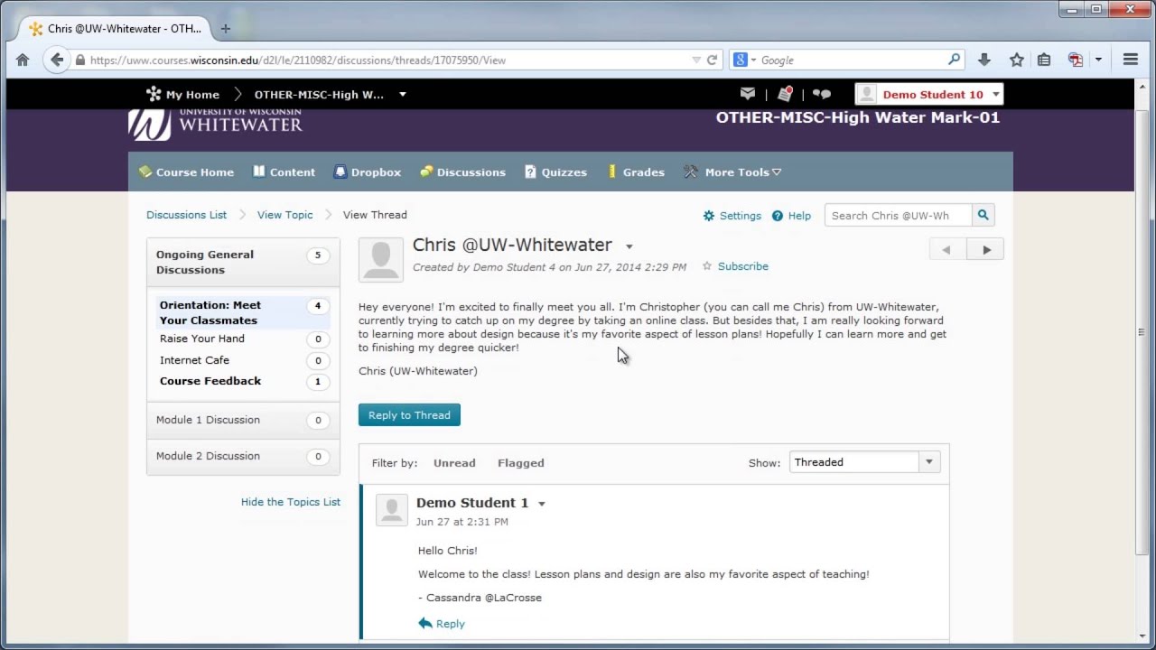 Desire2Learn v10.3: Discussions Interface Overview