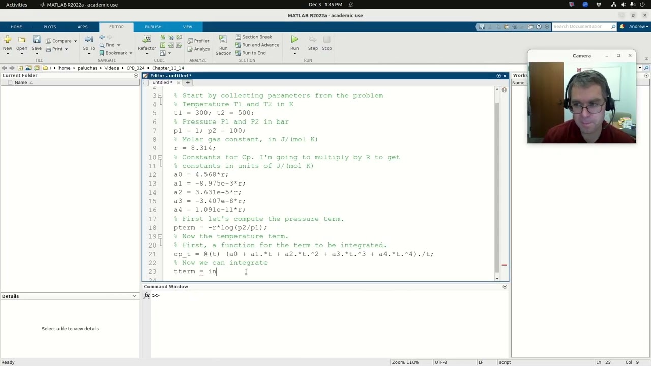 Computing the change in entropy of an ideal gas with MATLAB (integrate)