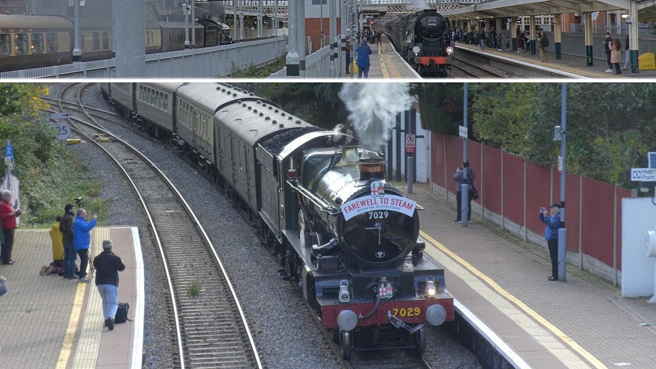 7029 Clun Castle charges the 'Farewell to Steam Special' and meets 34028  at Slough - 01.11.25