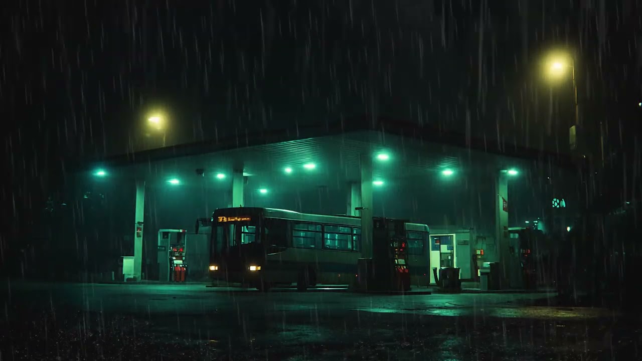 Heavy Rain White Noise 🚌🌧️ Night Bus Station Ambience for Sleep & Insomnia Relief