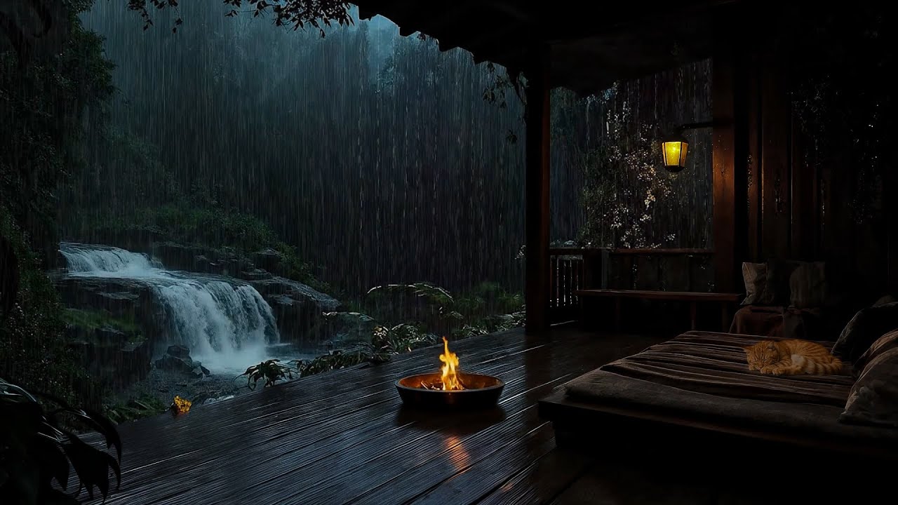 Heavy Rain, Waterfall & Fire Pit ASMR 💦🔥 | The Most Relaxing Night for Deep Sleep