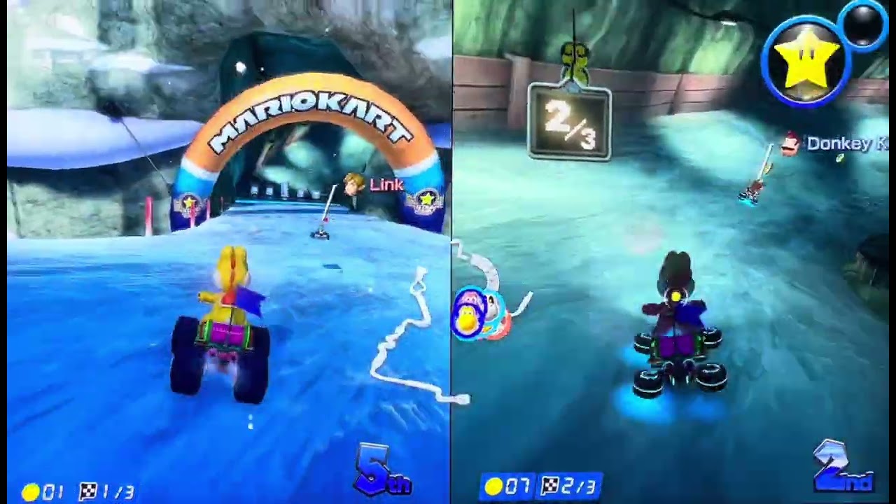 Yellow Yoshi and Pink Yoshi race on a team in Mount Wario on Mario Kart 8 Deluxe | Kids Play Switch