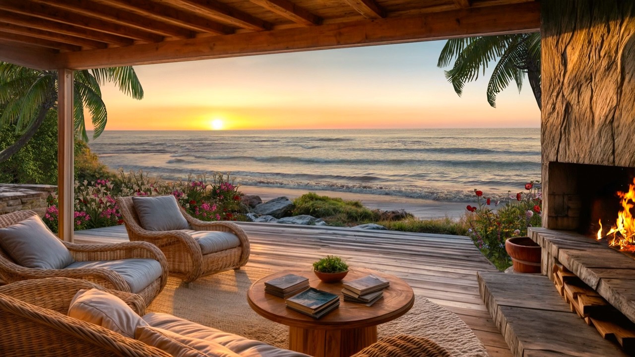 Cozy Seaside Porch Fireplace Ambience 🔥🌊 | Gentle Waves and Crackling Fire for Peaceful Relaxation