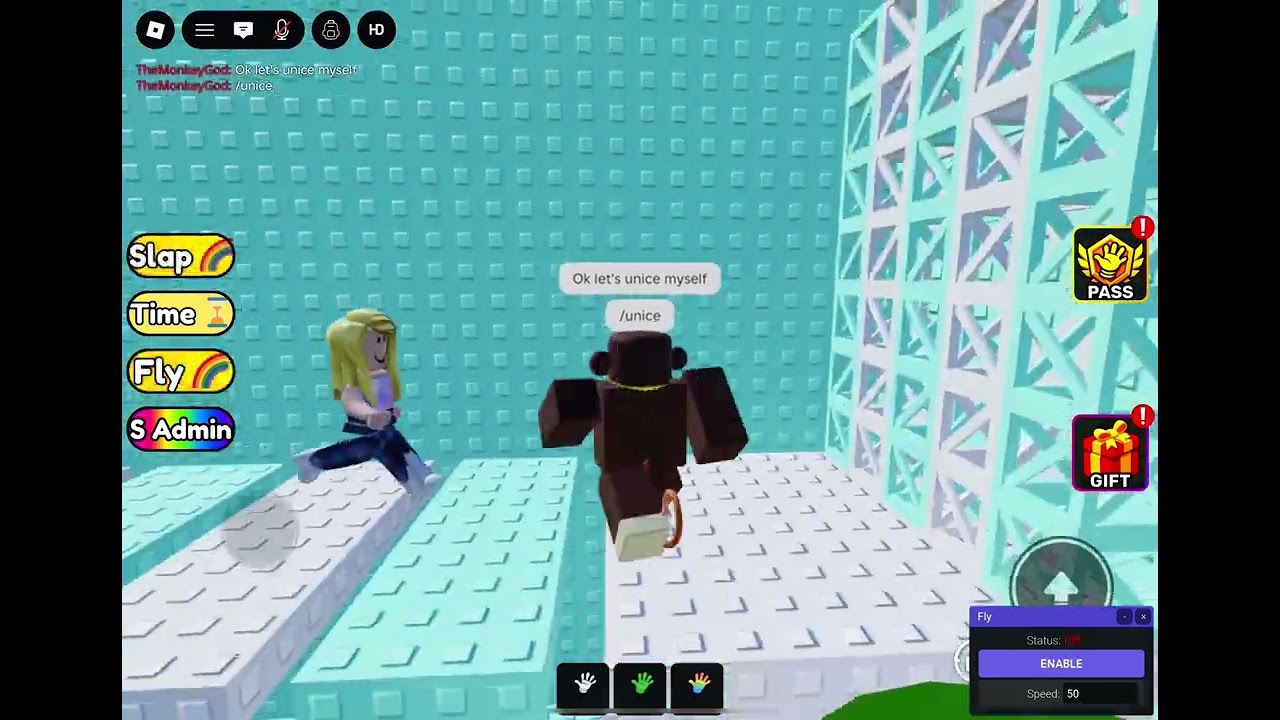 Showcasing admin commands in slap tower 3 Roblox