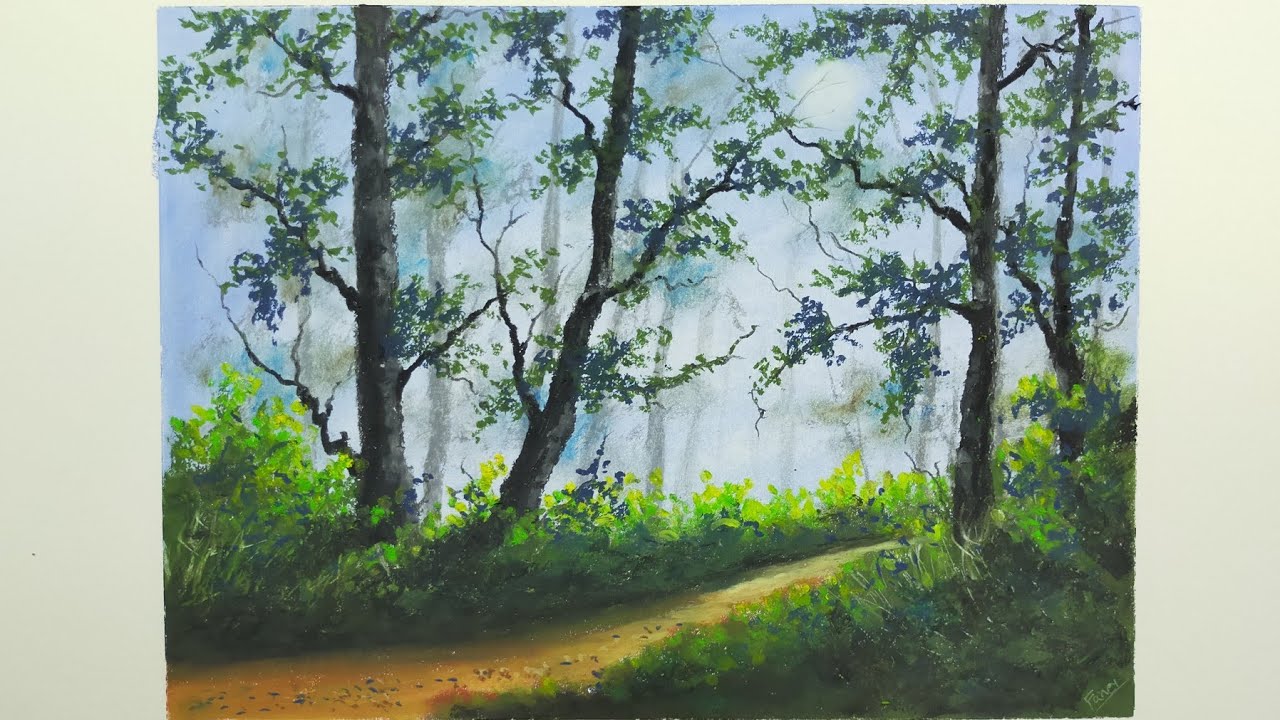 Oil pastel drawing/Landscape painting with oil pastel/Easy Step by step Forest oil pastel drawing