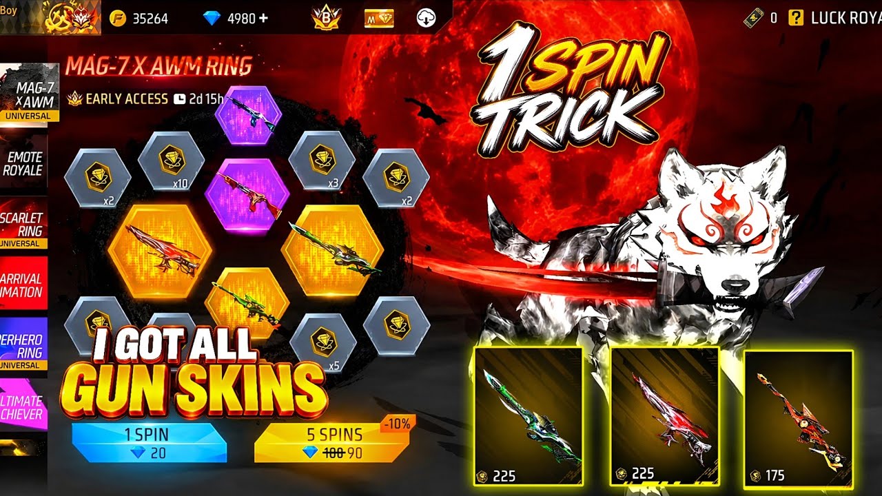 NEW MAG-7 X AWM RING ALL GUNS SKINS 😍 - IN FREE FIRE | With 1 Spin Trick 🥳 