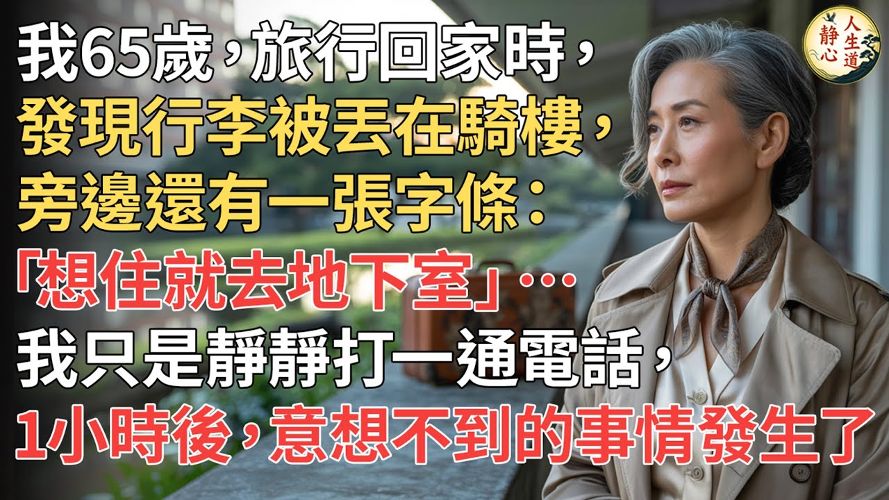 【我65歲】旅行回家時，發現行李被丟在騎樓，旁邊還有一張字條：「想住就去地下室」… 我只是靜靜打一通電話，1小時後，意想不到的事情發生了。