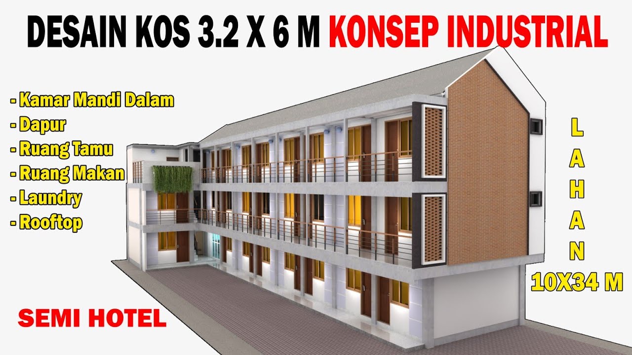 DESAIN KOS KOSAN 3.2 X 6 M KONSEP INDUSTRIAL || Kamar Mandi Dalam, Dapur, Ruang Tamu & Laundry