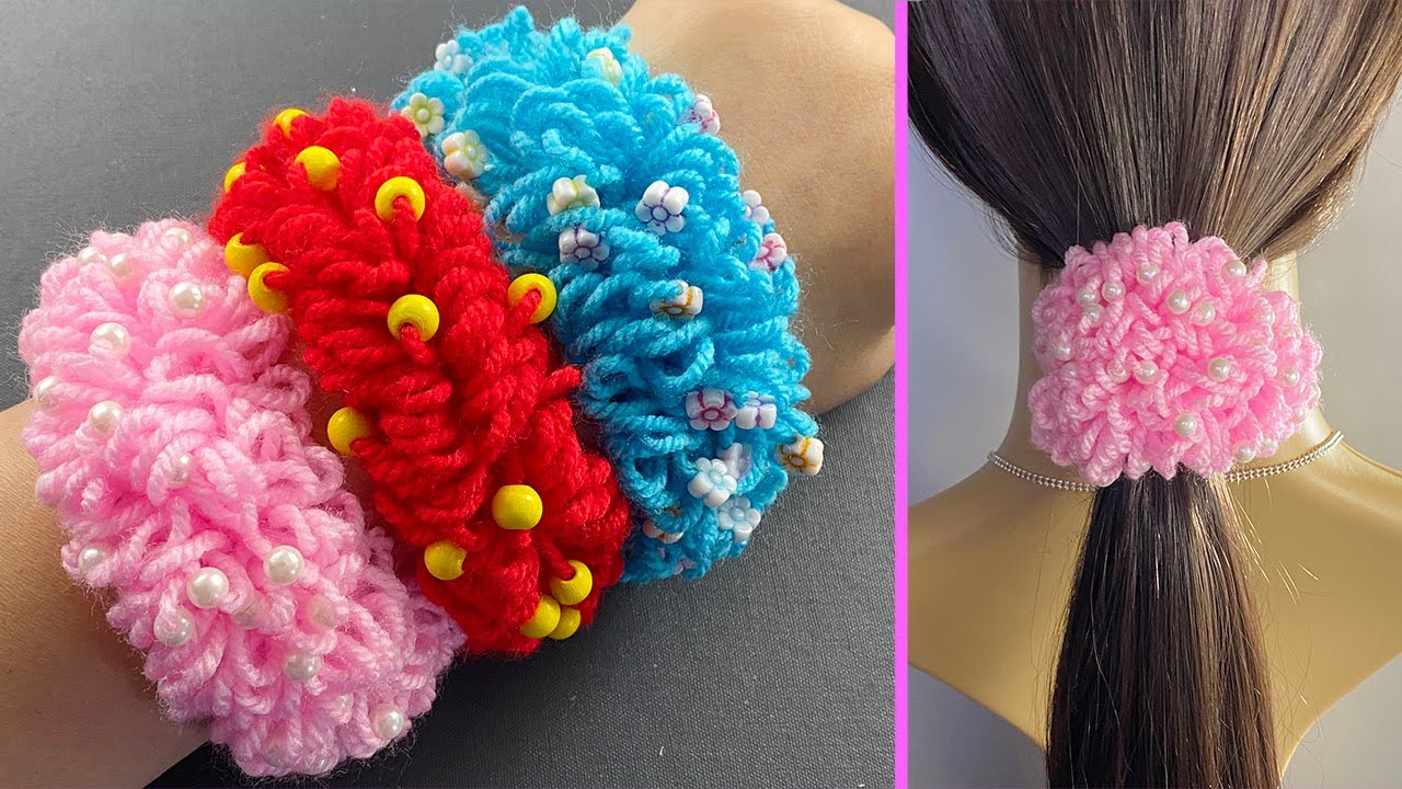 💖💖💖 How to make a SCRUNCHIE with Knitting Yarn & Beads |  Hair Tie | Scrunchie de fio de tricô