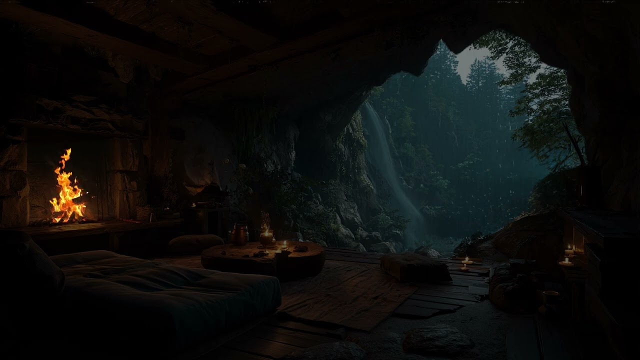 Nighttime Forest View | Warm Cave Firelight, Relaxing Ambient Sounds