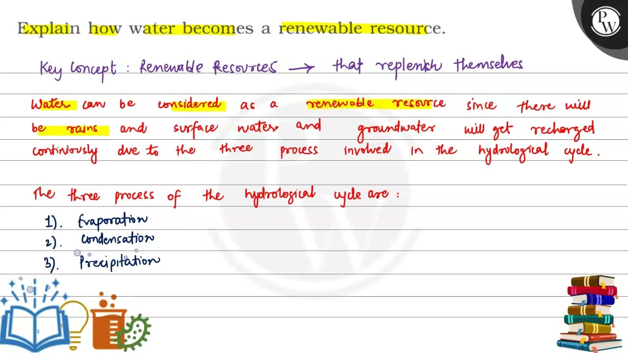 Explain how water becomes a renewable resource. (IV) Water can be considered as a renewable reso...