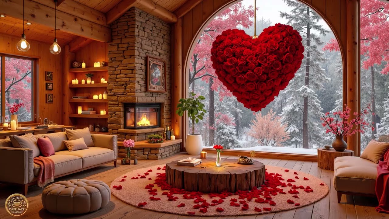 Valentine’s Morning Fog 🌹 Snowy Cabin Jazz | Soft Fireplace & Early Light Ambience