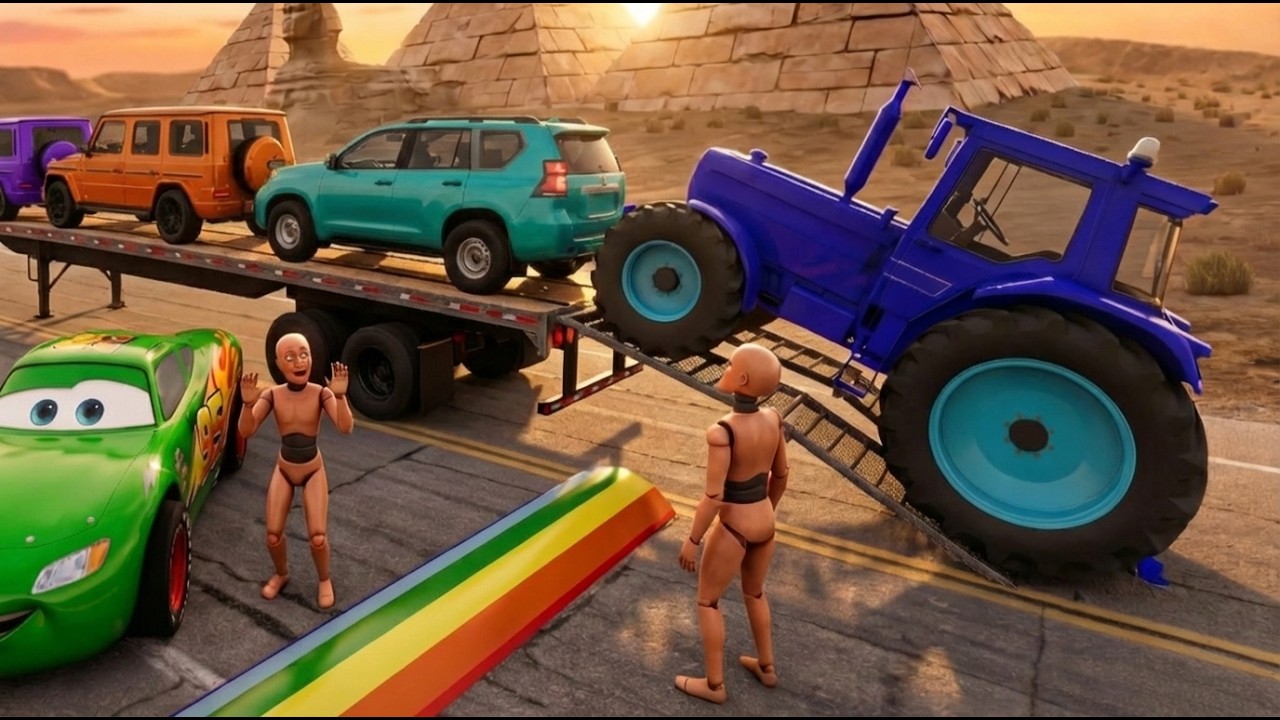 TRANSPORTING PIXAR CARS & FRUITS WITH COLORED & JOHN DEERE vs CLAAS vs TRACTORS - BeamNG.drive #83
